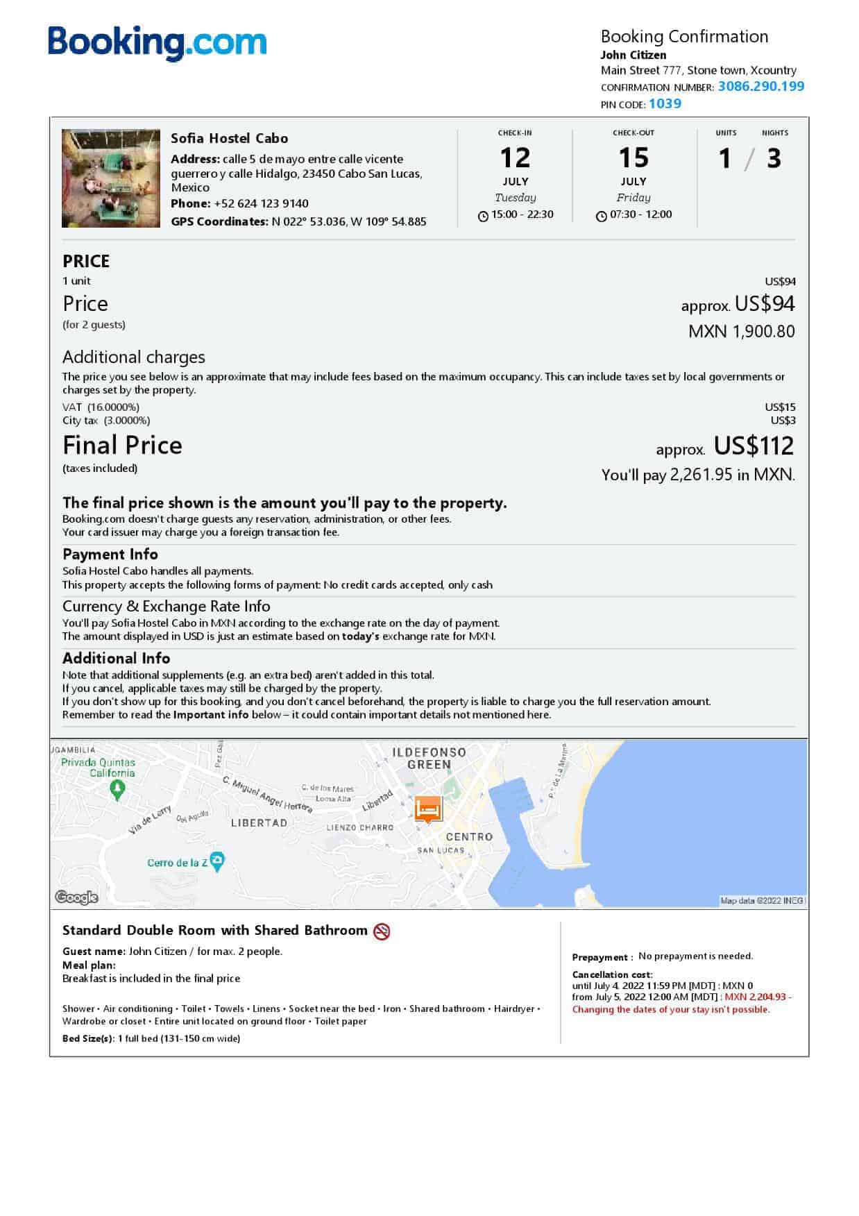 Mexico hotel booking confirmation Word and PDF template, 2 pages Mexico hotel booking confirmation Word and PDF template, 2 pages
