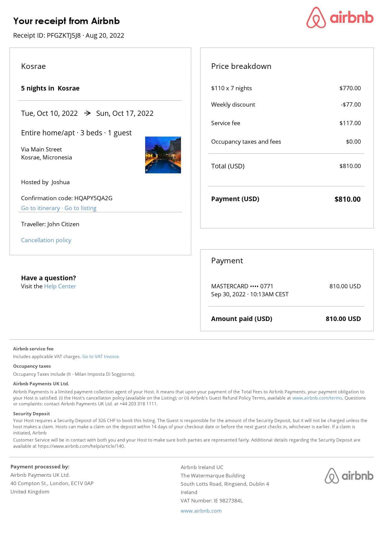 Micronesia Airbnb booking confirmation Word and PDF template Micronesia Airbnb booking confirmation Word and PDF template