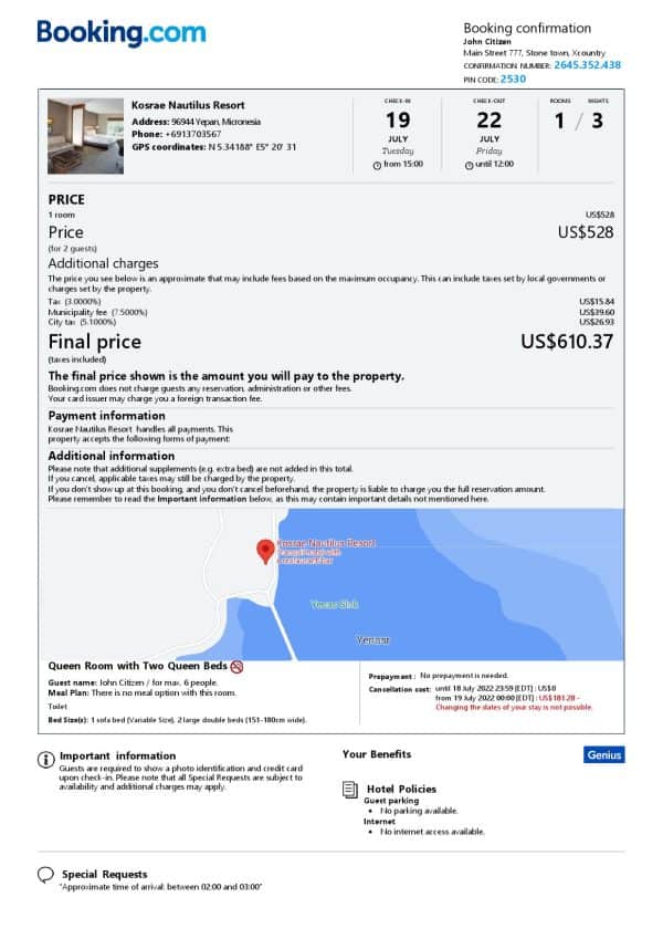 Micronesia hotel booking confirmation Word and PDF template, 2 pages
