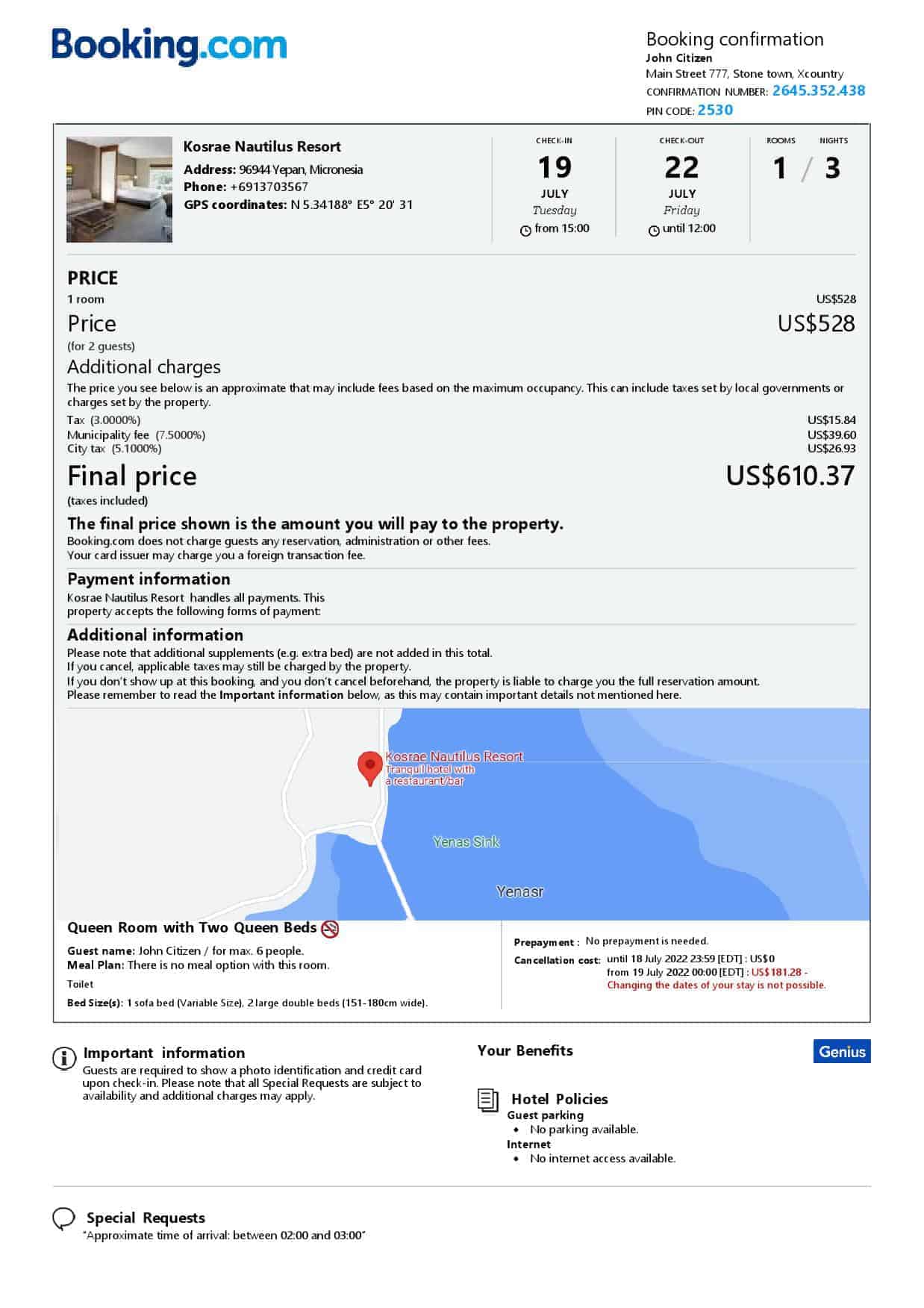 Micronesia hotel booking confirmation Word and PDF template, 2 pages Micronesia hotel booking confirmation Word and PDF template, 2 pages