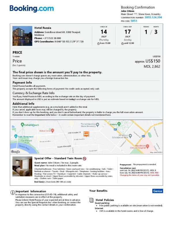 Moldova hotel booking confirmation Word and PDF template, 2 pages