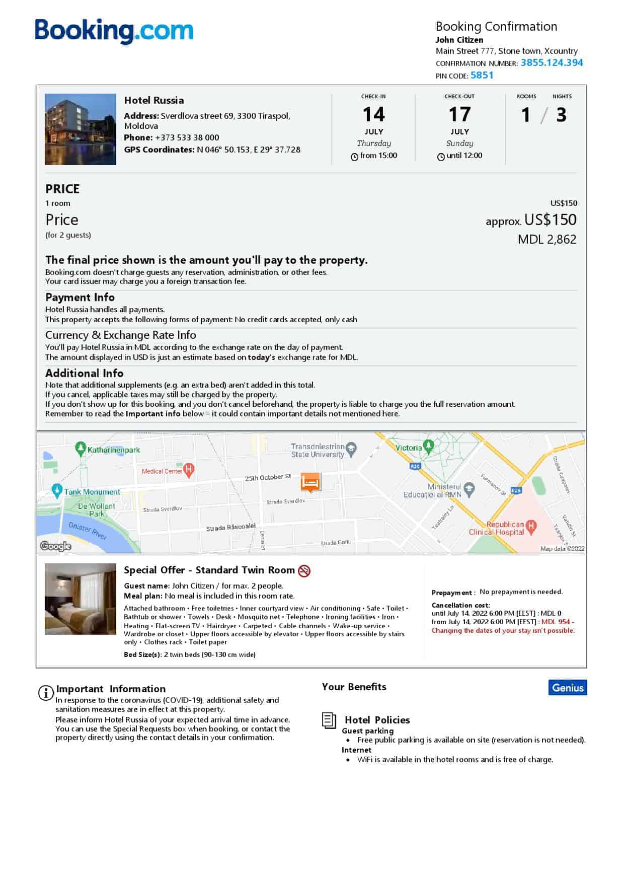 Moldova hotel booking confirmation Word and PDF template, 2 pages Moldova hotel booking confirmation Word and PDF template, 2 pages