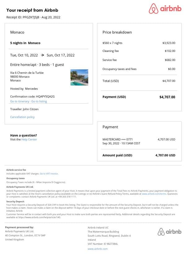 Monaco Airbnb booking confirmation Word and PDF template Monaco Airbnb booking confirmation Word and PDF template