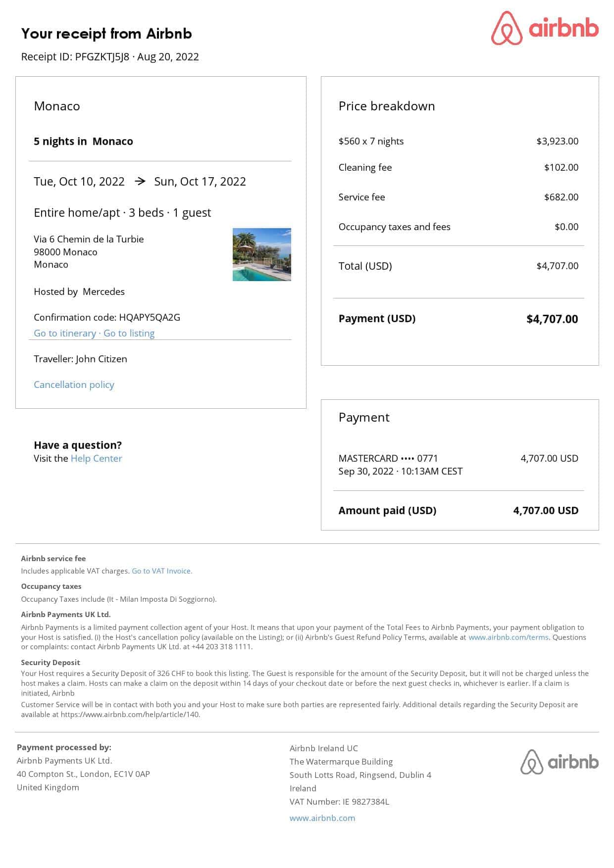 Monaco Airbnb booking confirmation Word and PDF template Monaco Airbnb booking confirmation Word and PDF template