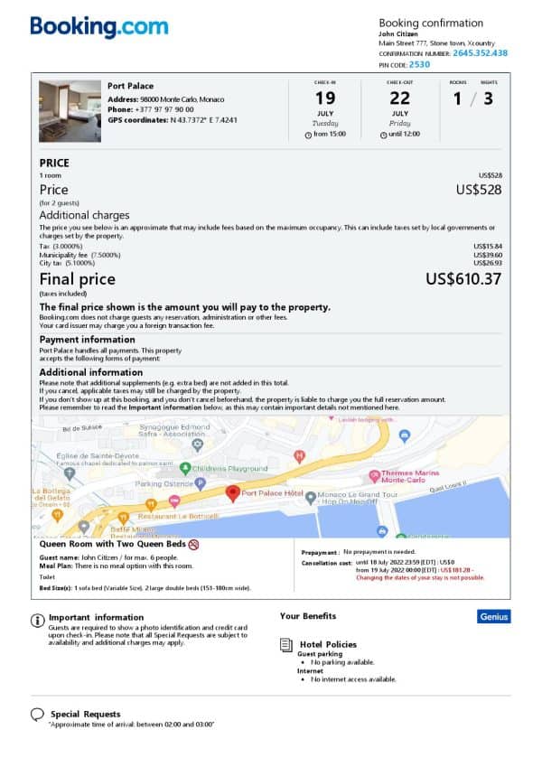 Monaco hotel booking confirmation Word and PDF template, 2 pages
