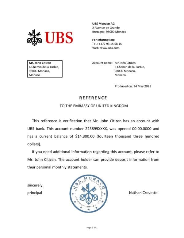 Monaco UBS bank reference letter template in Word and PDF format Monaco UBS bank reference letter template in Word and PDF format
