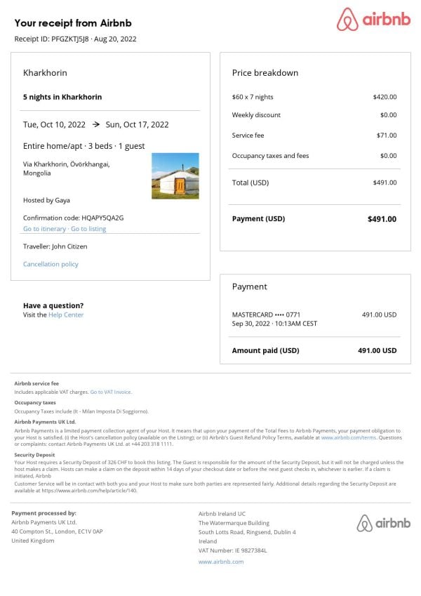 Mongolia Airbnb booking confirmation Word and PDF template Mongolia Airbnb booking confirmation Word and PDF template