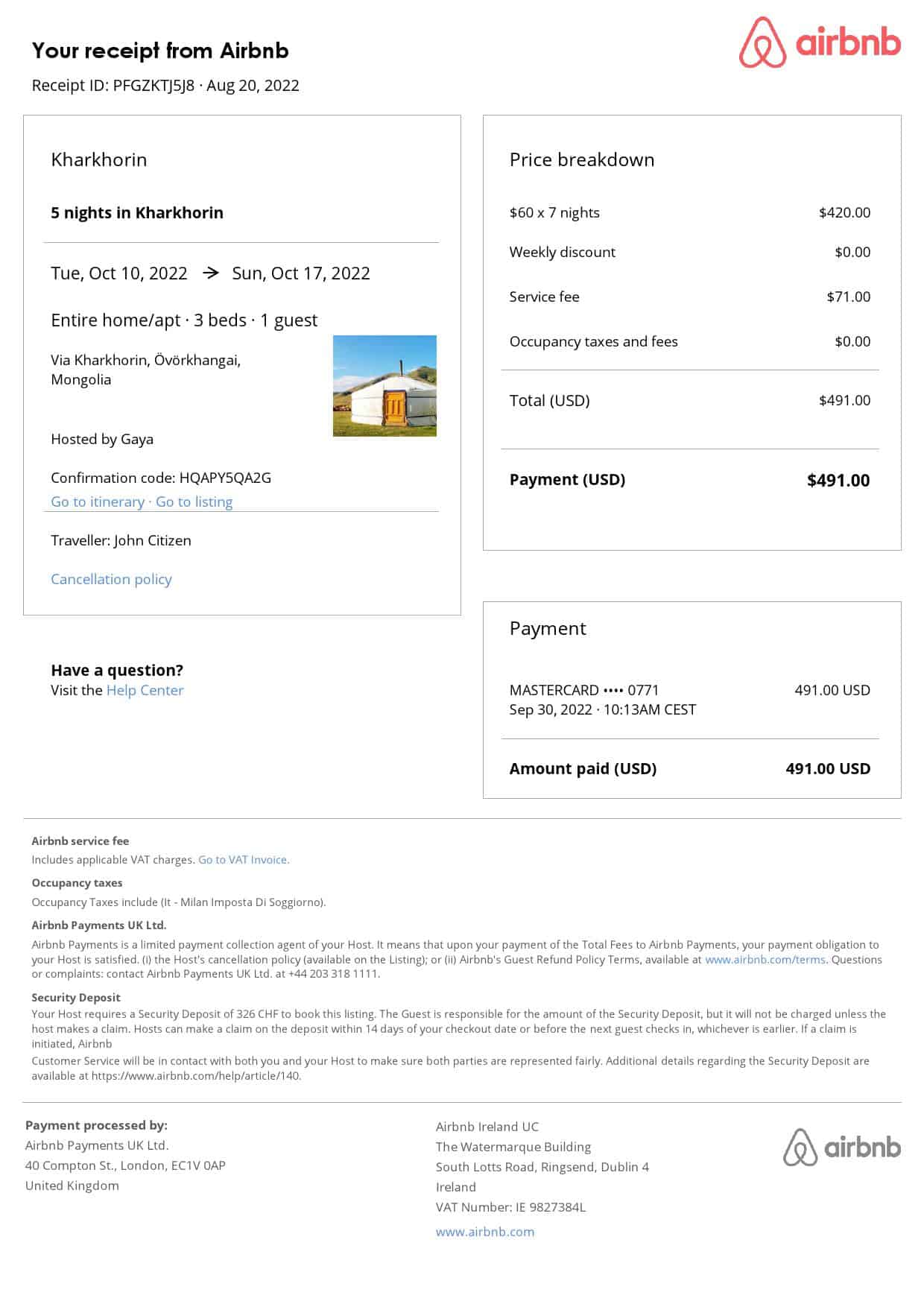 Mongolia Airbnb booking confirmation Word and PDF template Mongolia Airbnb booking confirmation Word and PDF template