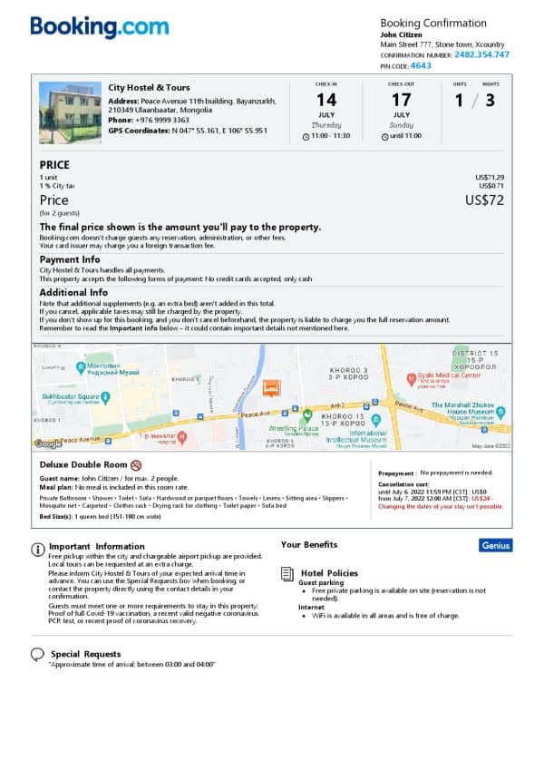 Mongolia hotel booking confirmation Word and PDF template, 2 pages
