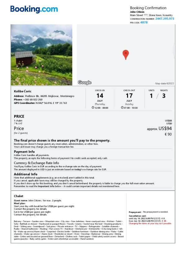 Montenegro hotel booking confirmation Word and PDF template, 2 pages