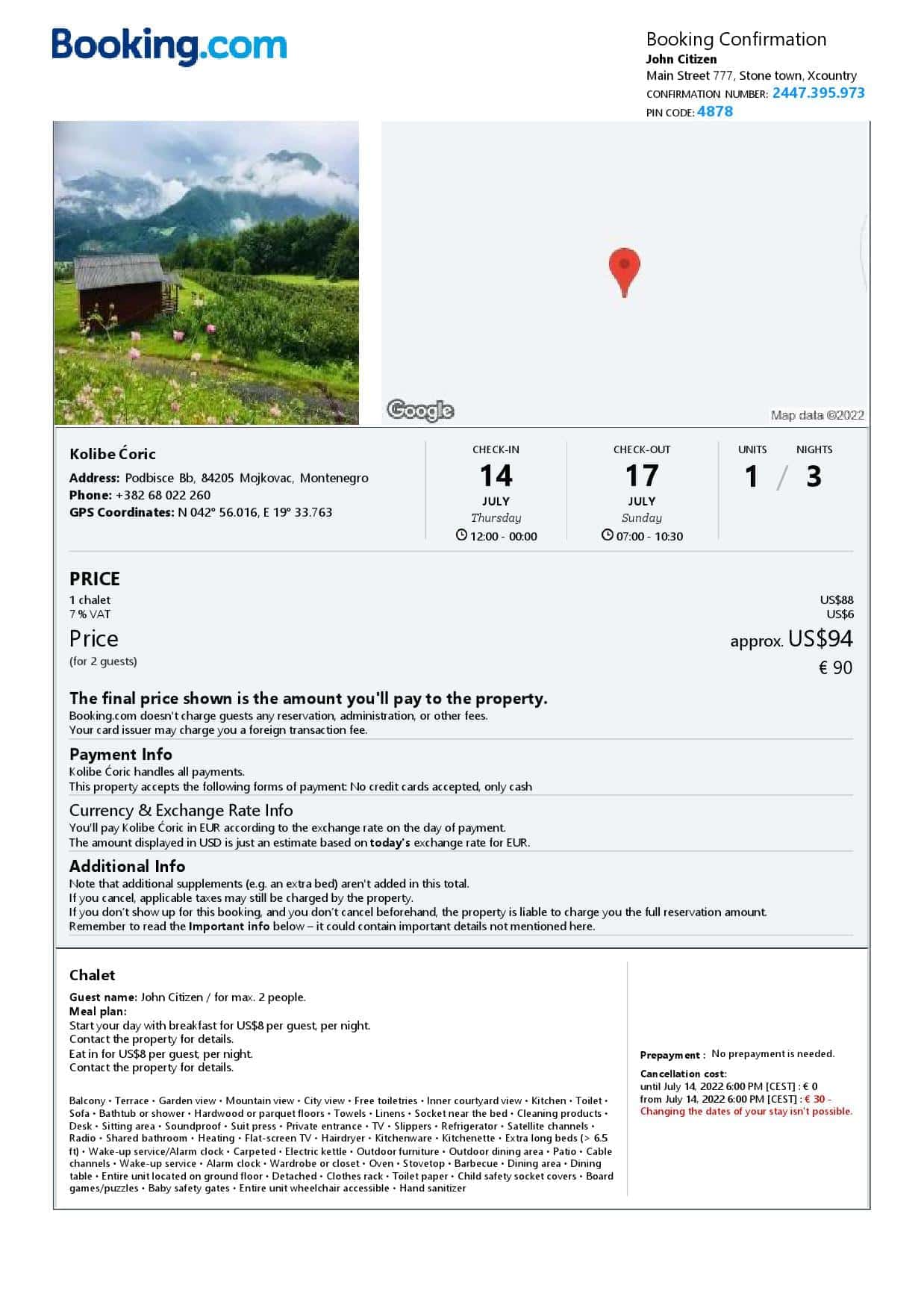 Montenegro hotel booking confirmation Word and PDF template, 2 pages Montenegro hotel booking confirmation Word and PDF template, 2 pages