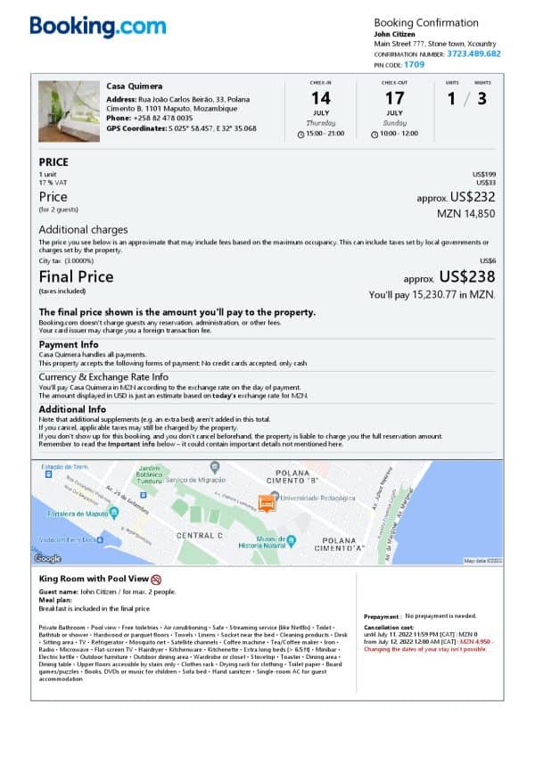 Mozambique hotel booking confirmation Word and PDF template, 2 pages Mozambique hotel booking confirmation Word and PDF template, 2 pages