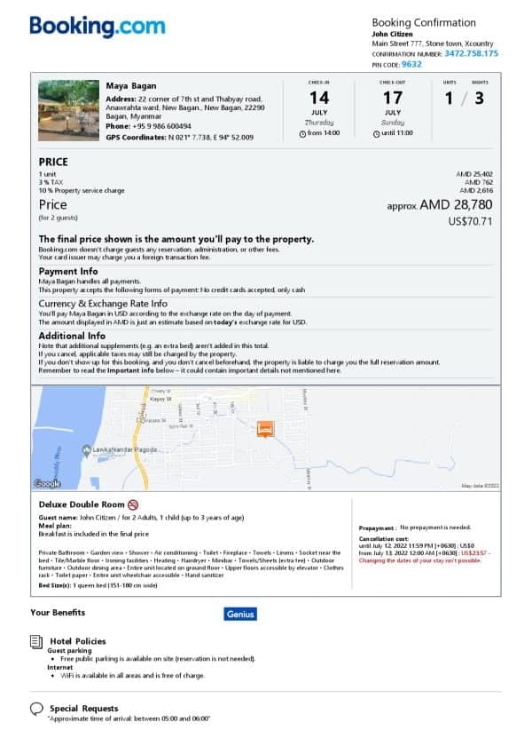 Myanmar hotel booking confirmation Word and PDF template, 2 pages Myanmar hotel booking confirmation Word and PDF template, 2 pages