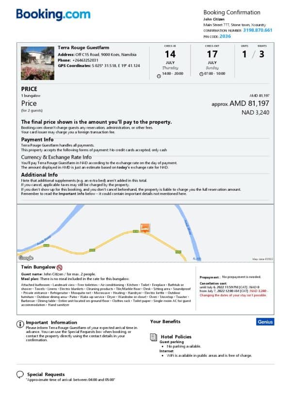 Namibia hotel booking confirmation Word and PDF template, 2 pages Namibia hotel booking confirmation Word and PDF template, 2 pages