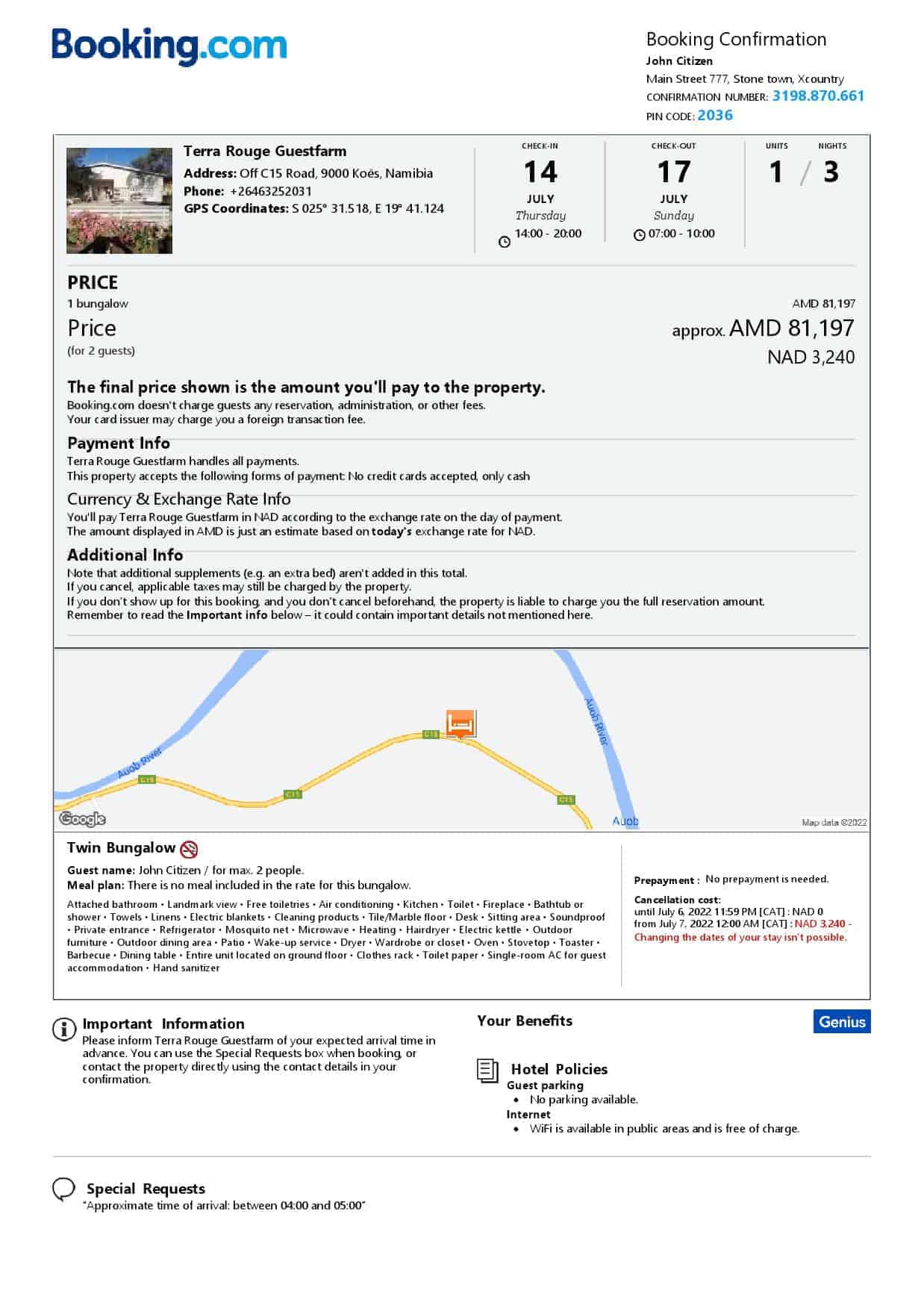 Namibia hotel booking confirmation Word and PDF template, 2 pages Namibia hotel booking confirmation Word and PDF template, 2 pages