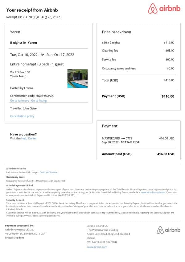 Nauru Airbnb booking confirmation Word and PDF template Nauru Airbnb booking confirmation Word and PDF template