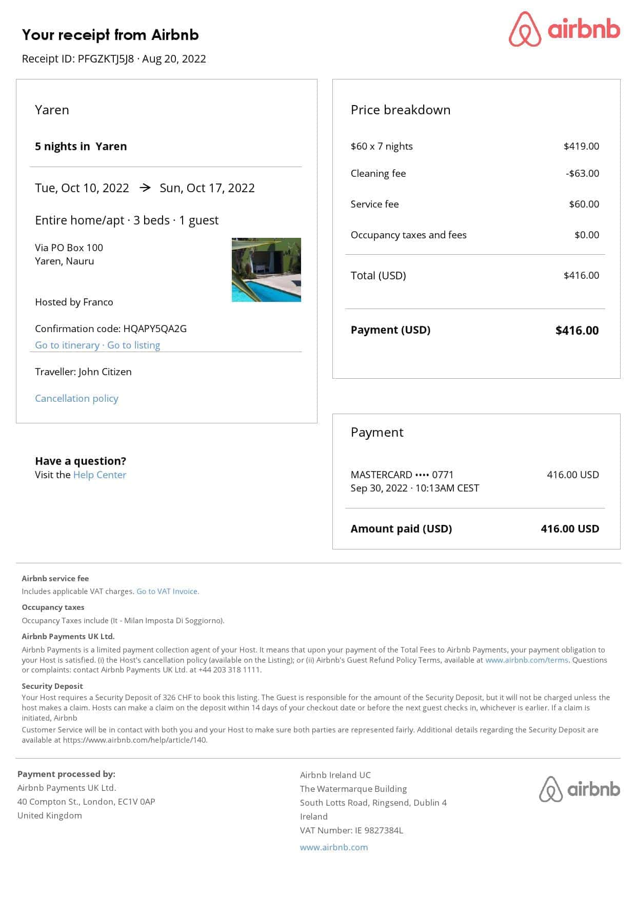 Nauru Airbnb booking confirmation Word and PDF template Nauru Airbnb booking confirmation Word and PDF template