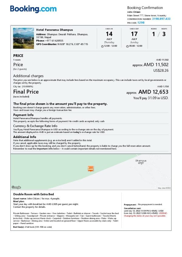 Nepal hotel booking confirmation Word and PDF template, 2 pages Nepal hotel booking confirmation Word and PDF template, 2 pages