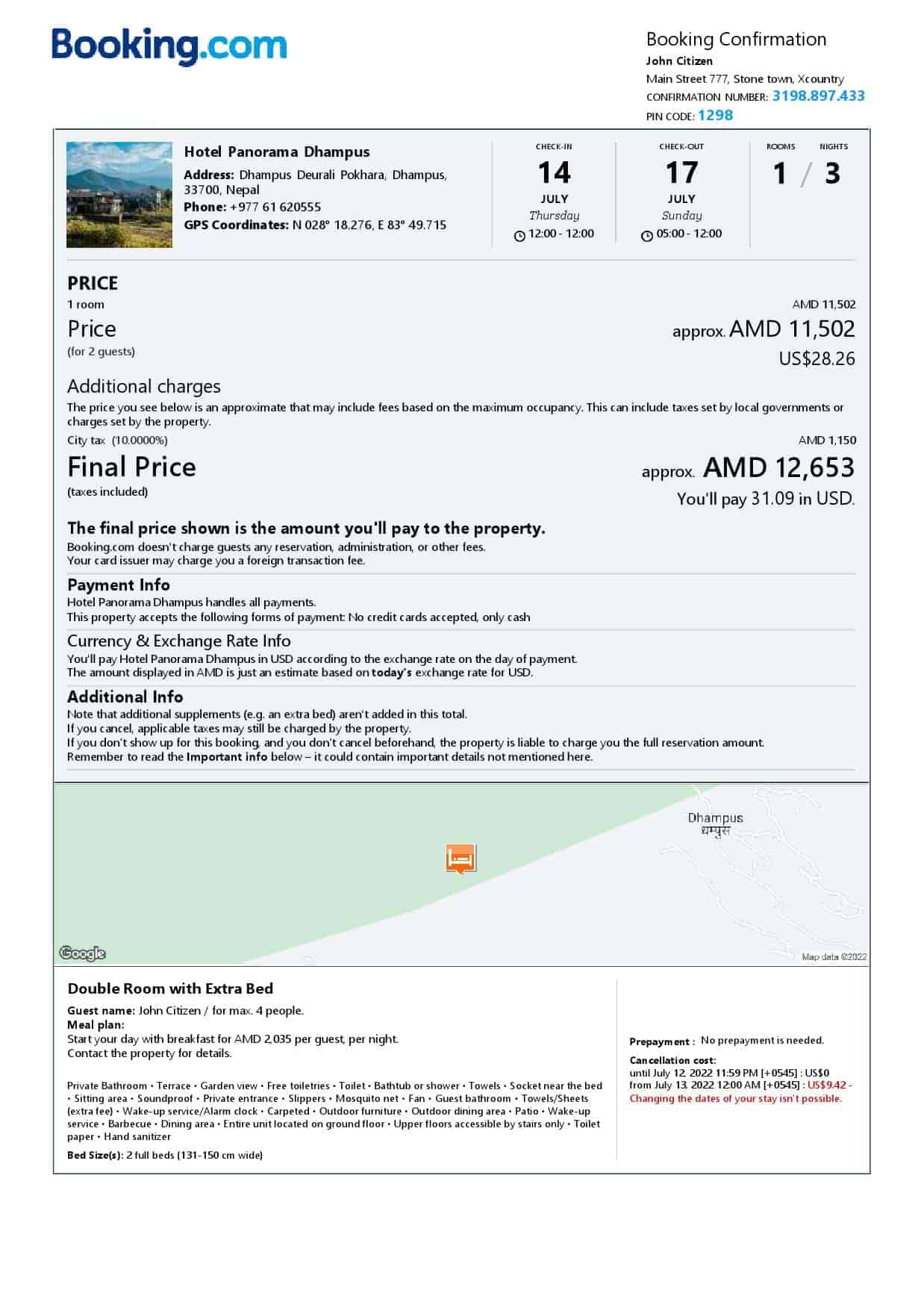 Nepal hotel booking confirmation Word and PDF template, 2 pages Nepal hotel booking confirmation Word and PDF template, 2 pages