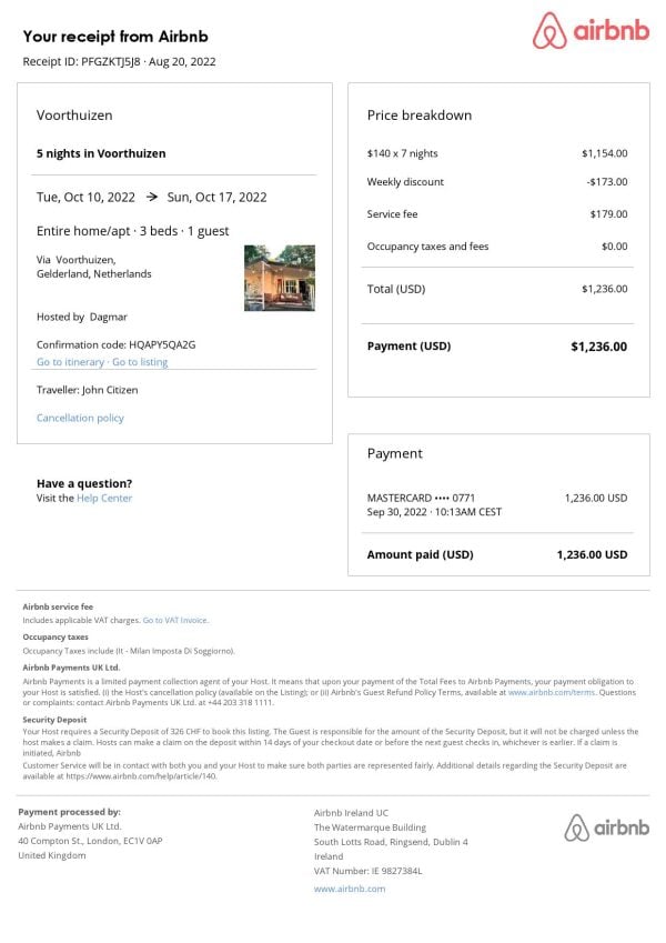 Netherlands Airbnb booking confirmation Word and PDF template Netherlands Airbnb booking confirmation Word and PDF template
