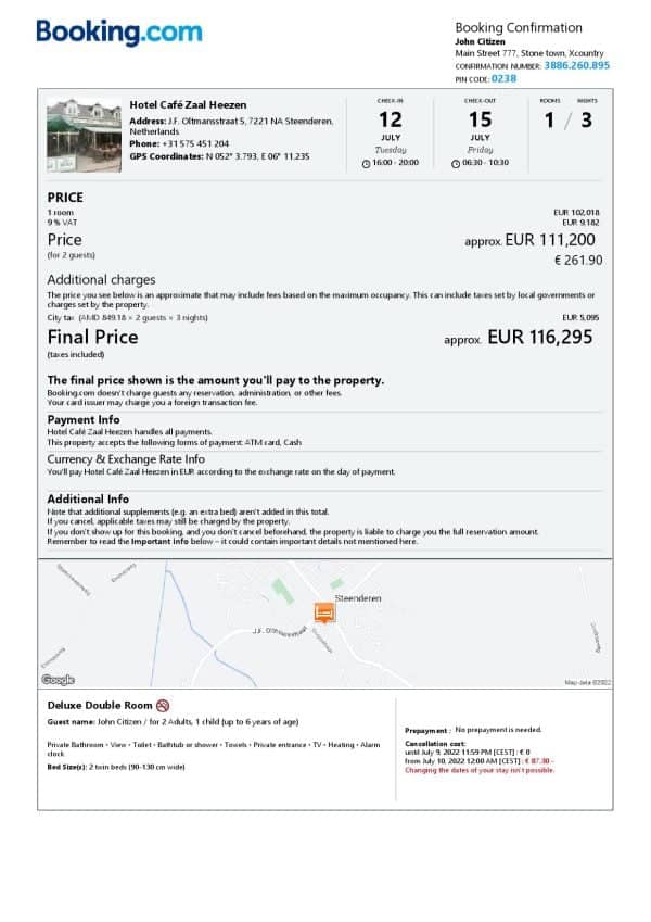 Netherlands hotel booking confirmation Word and PDF template, 2 pages Netherlands hotel booking confirmation Word and PDF template, 2 pages