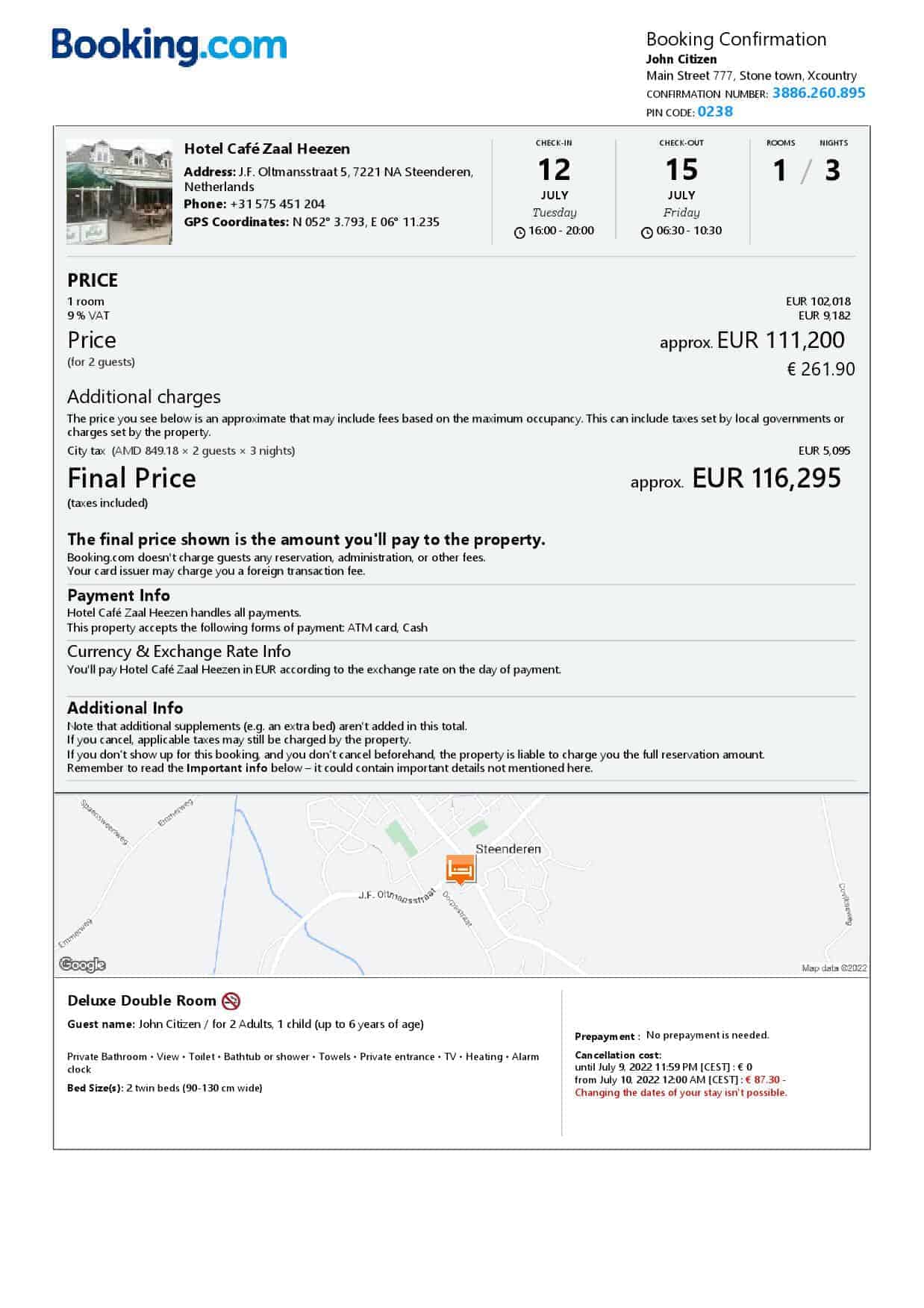 Netherlands hotel booking confirmation Word and PDF template, 2 pages Netherlands hotel booking confirmation Word and PDF template, 2 pages