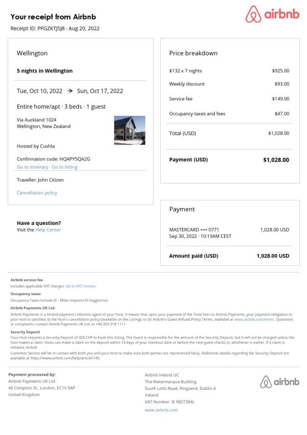 New Zealand Airbnb booking confirmation Word and PDF template New Zealand Airbnb booking confirmation Word and PDF template