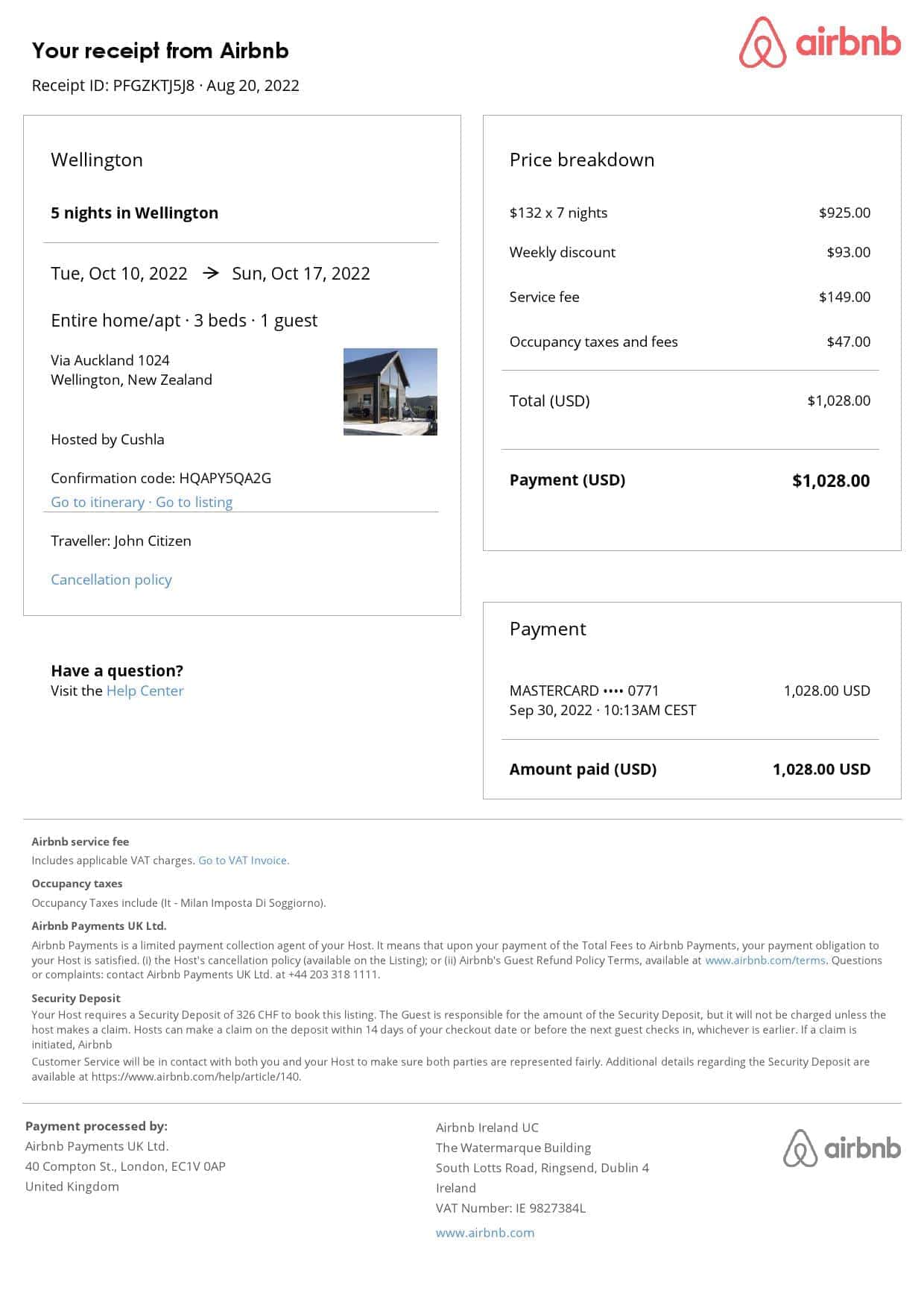 New Zealand Airbnb booking confirmation Word and PDF template New Zealand Airbnb booking confirmation Word and PDF template