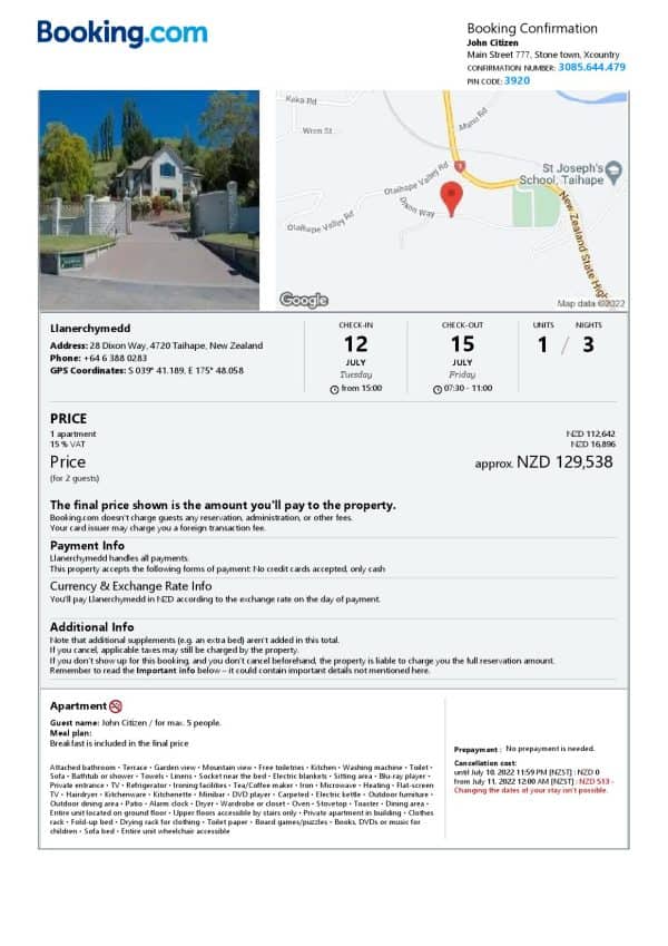 New Zealand hotel booking confirmation Word and PDF template, 2 pages New Zealand hotel booking confirmation Word and PDF template, 2 pages