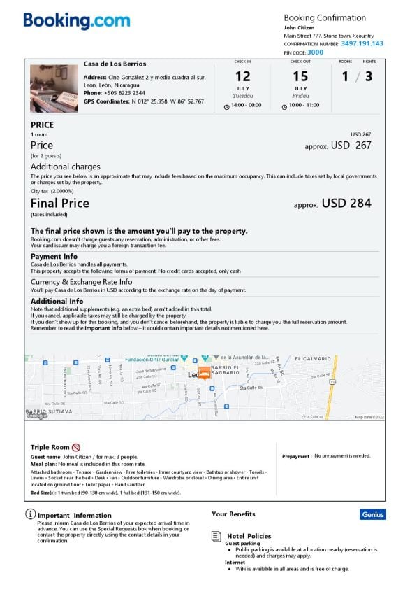 Nicaragua hotel booking confirmation Word and PDF template, 2 pages Nicaragua hotel booking confirmation Word and PDF template, 2 pages
