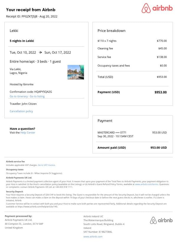 Nigeria Airbnb booking confirmation Word and PDF template Nigeria Airbnb booking confirmation Word and PDF template