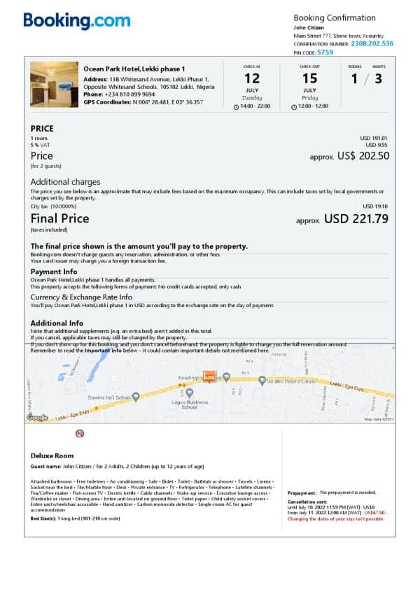 Nigeria hotel booking confirmation Word and PDF template, 2 pages Nigeria hotel booking confirmation Word and PDF template, 2 pages