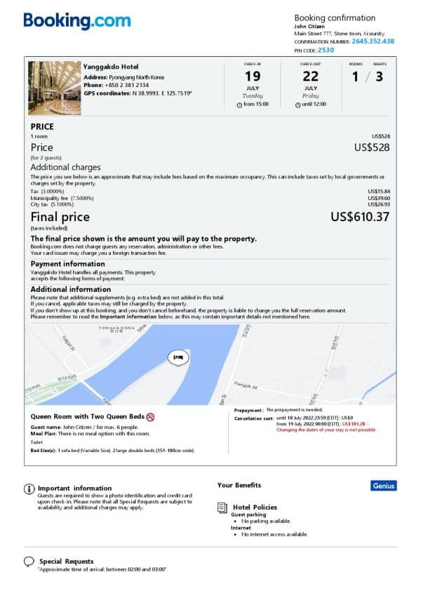 North Korea hotel booking confirmation Word and PDF template, 2 pages North Korea hotel booking confirmation Word and PDF template, 2 pages
