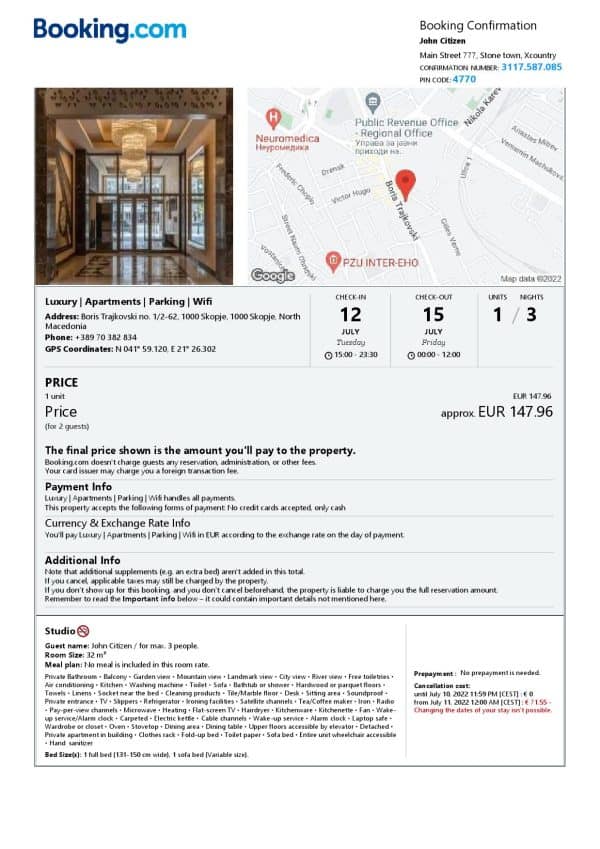 North Macedonia hotel booking confirmation Word and PDF template, 2 pages North Macedonia hotel booking confirmation Word and PDF template, 2 pages