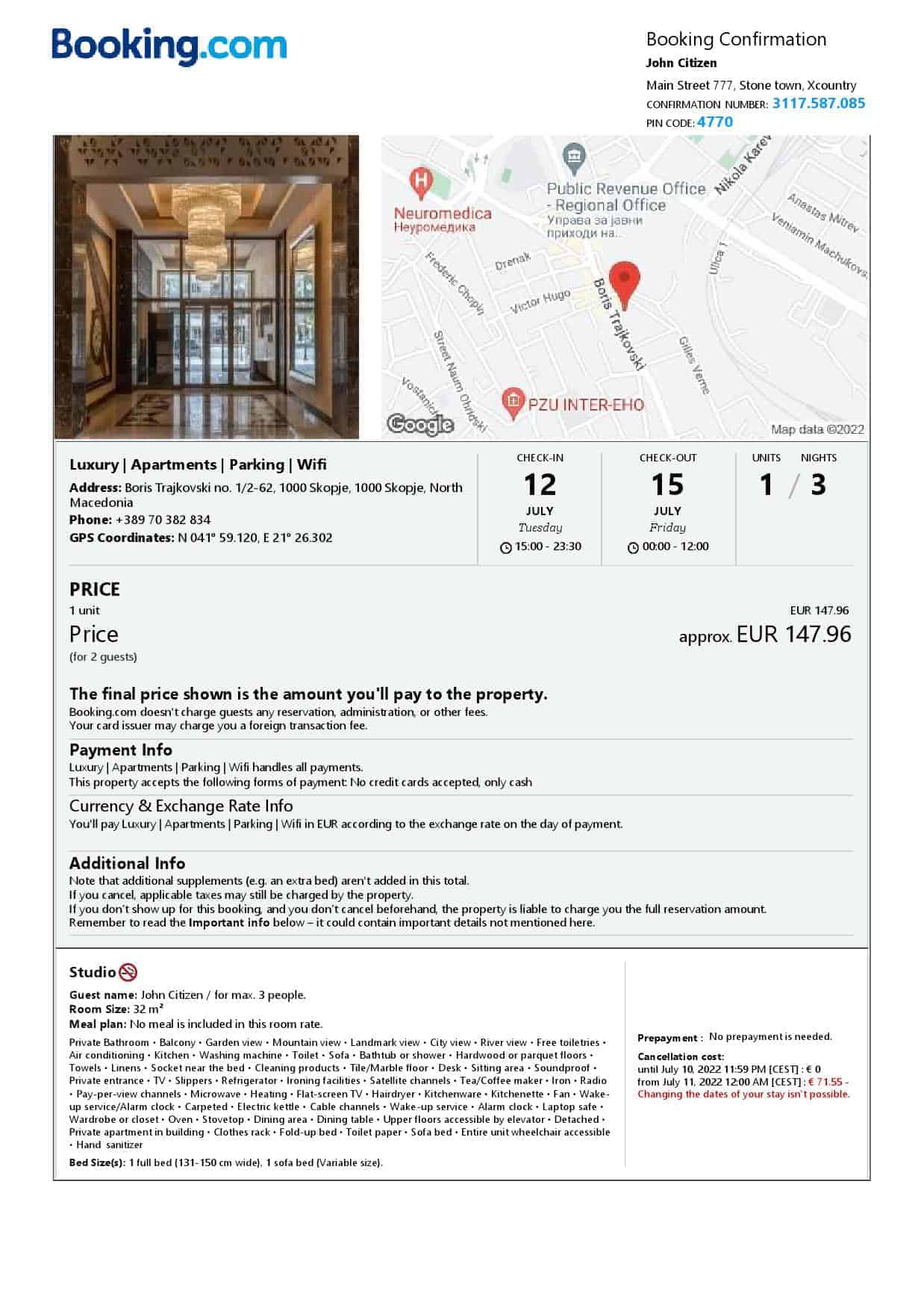 North Macedonia hotel booking confirmation Word and PDF template, 2 pages North Macedonia hotel booking confirmation Word and PDF template, 2 pages