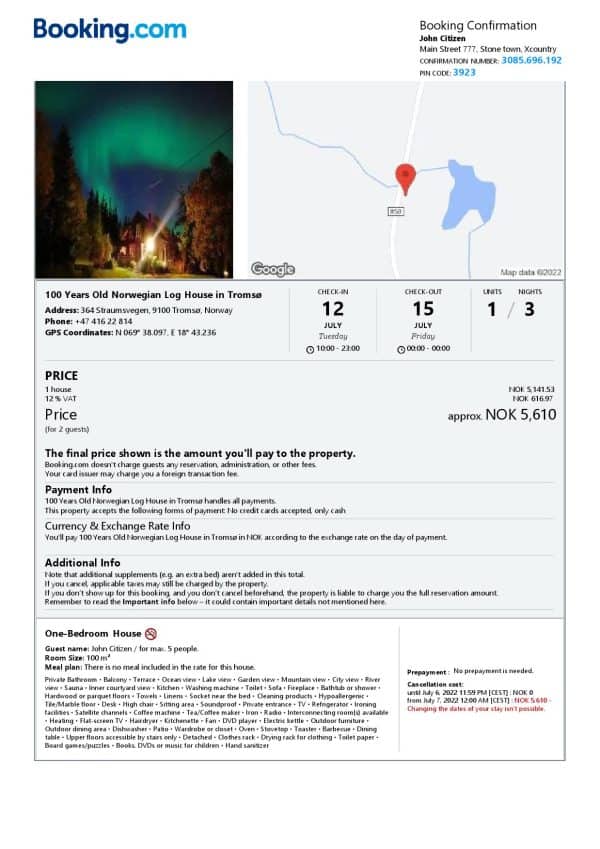 Norway hotel booking confirmation Word and PDF template, 2 pages Norway hotel booking confirmation Word and PDF template, 2 pages