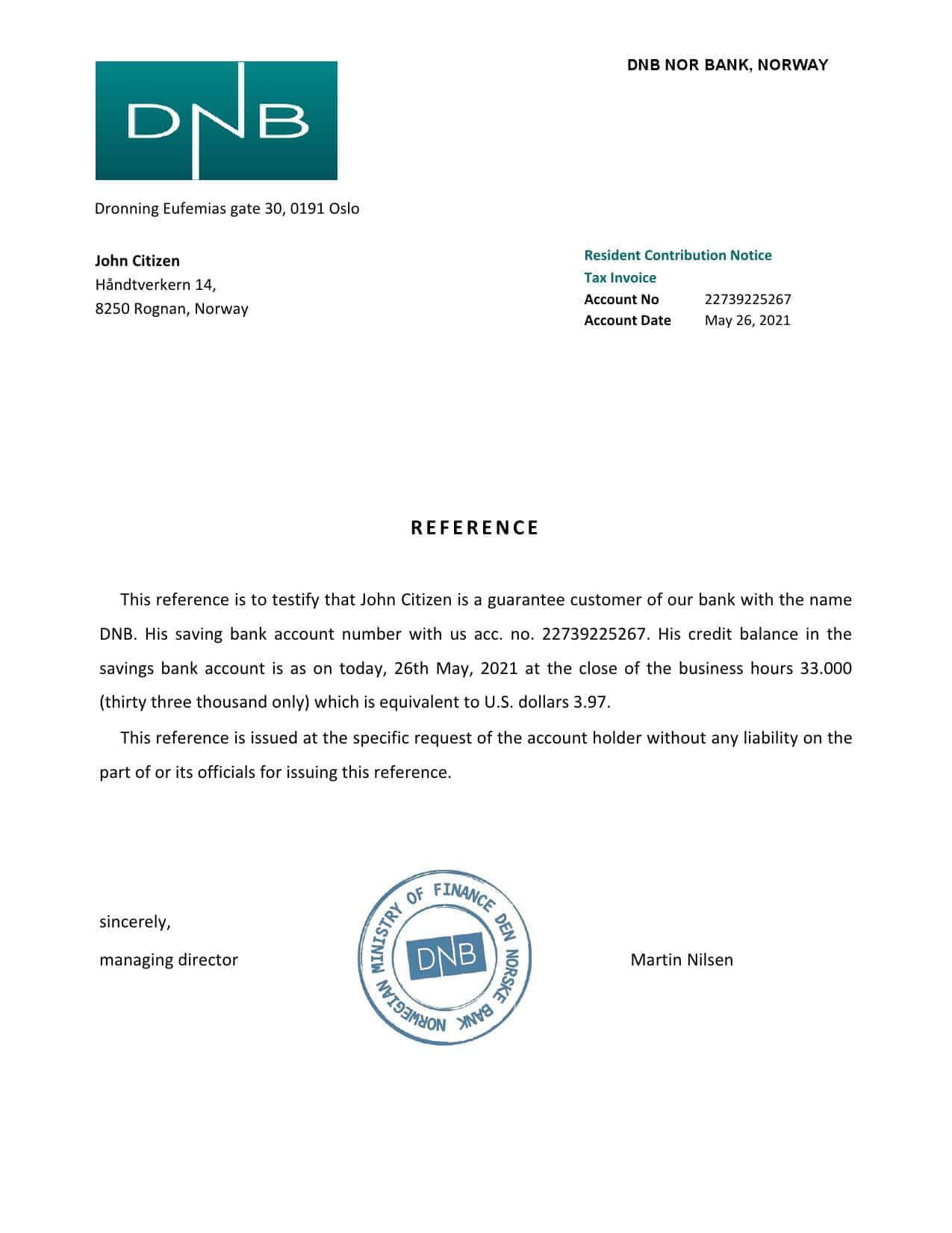 Norway DNB Nor Bank bank account reference letter template in Word and PDF format Norway DNB Nor Bank bank account reference letter template in Word and PDF format