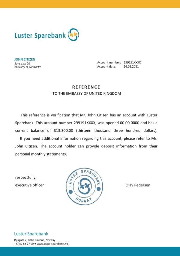 Norway Luster Sparebank bank account reference letter template in Word and PDF format Norway Luster Sparebank bank account reference letter template in Word and PDF format