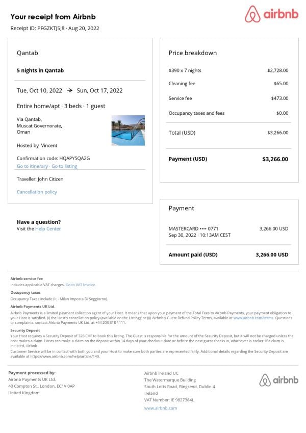 Oman Airbnb booking confirmation Word and PDF template Oman Airbnb booking confirmation Word and PDF template