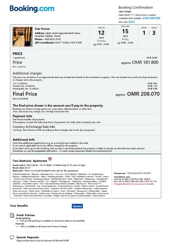 Oman hotel booking confirmation Word and PDF template, 2 pages Oman hotel booking confirmation Word and PDF template, 2 pages