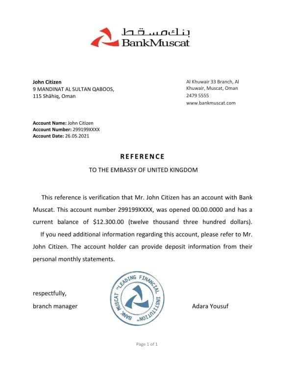 Oman_Muscat_reference Oman Bank Muscat bank account reference letter template in Word and PDF format