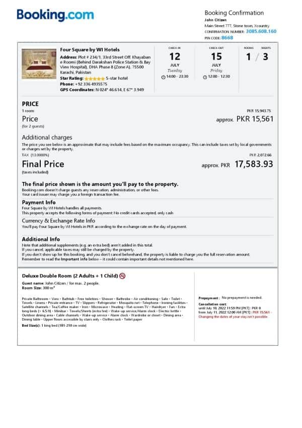 Pakistan hotel booking confirmation Word and PDF template, 2 pages Pakistan hotel booking confirmation Word and PDF template, 2 pages