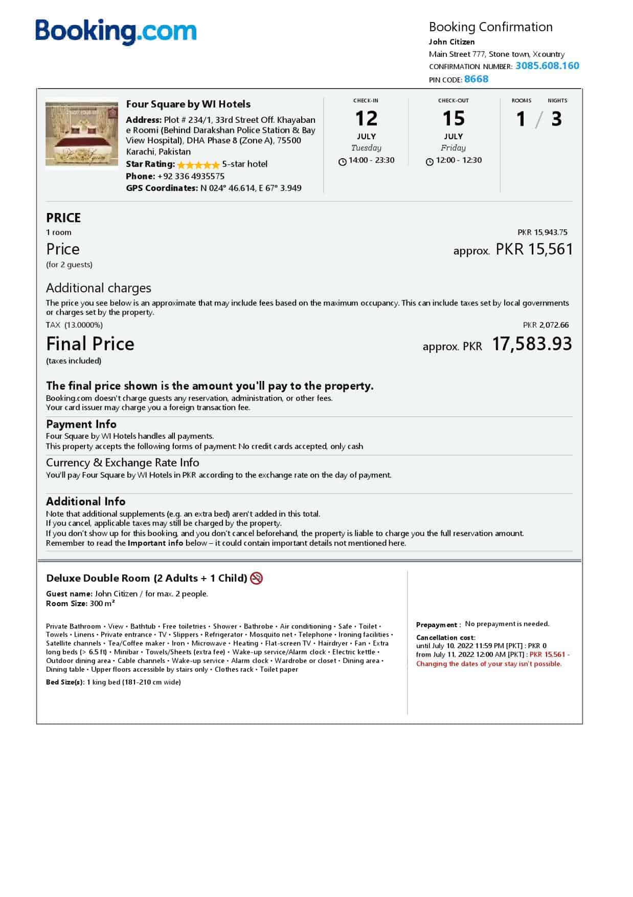 Pakistan hotel booking confirmation Word and PDF template, 2 pages Pakistan hotel booking confirmation Word and PDF template, 2 pages