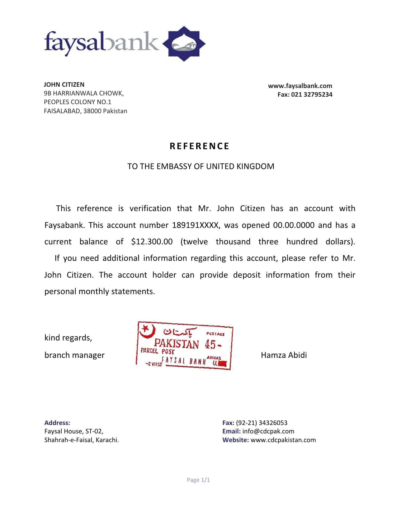 Pakistan Faysalbank bank account reference letter template in Word and PDF format Pakistan Faysalbank bank account reference letter template in Word and PDF format
