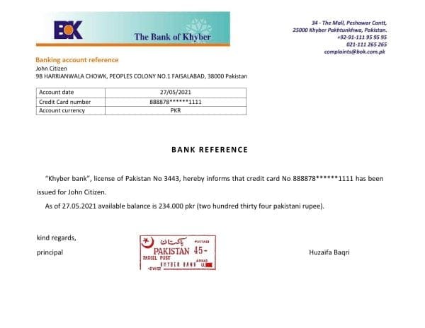 Pakistan Khyber bank account reference letter template in Word and PDF format Pakistan Khyber bank account reference letter template in Word and PDF format