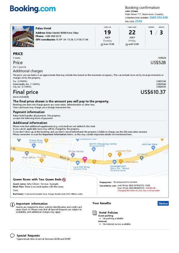 Palau hotel booking confirmation Word and PDF template, 2 pages Palau hotel booking confirmation Word and PDF template, 2 pages