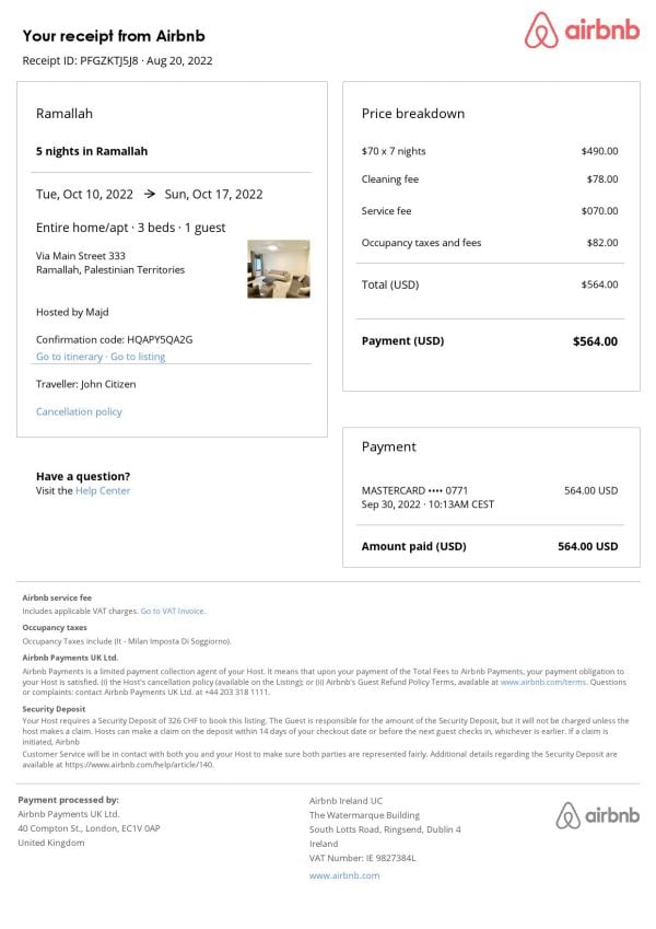 Palestine Airbnb booking confirmation Word and PDF template