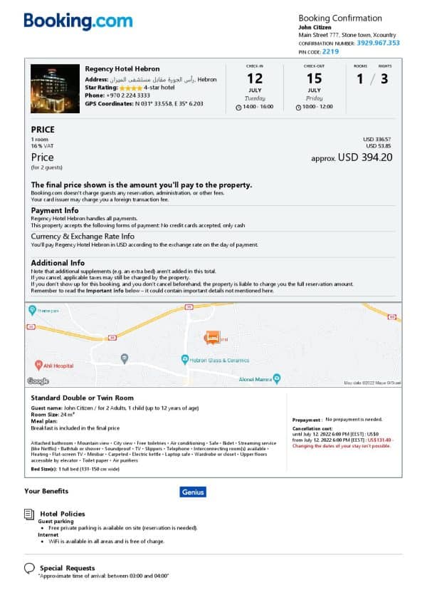 Palestine hotel booking confirmation Word and PDF template, 2 pages Palestine hotel booking confirmation Word and PDF template, 2 pages