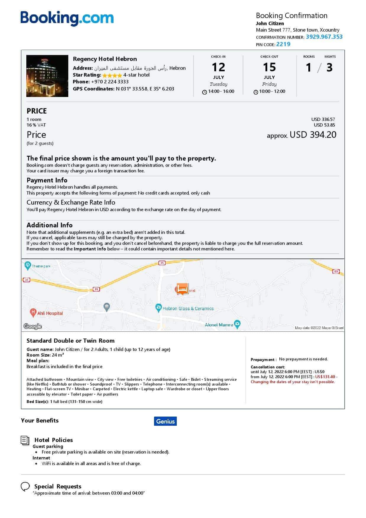 Palestine hotel booking confirmation Word and PDF template, 2 pages Palestine hotel booking confirmation Word and PDF template, 2 pages