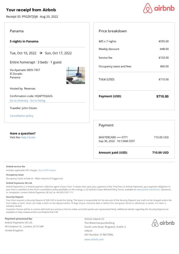 Panama Airbnb booking confirmation Word and PDF template